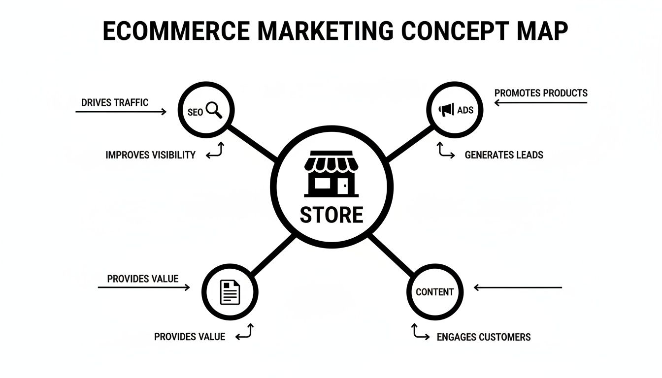 A concept map illustrating ecommerce marketing strategies like SEO, ads, content, and value provision for an online store.
