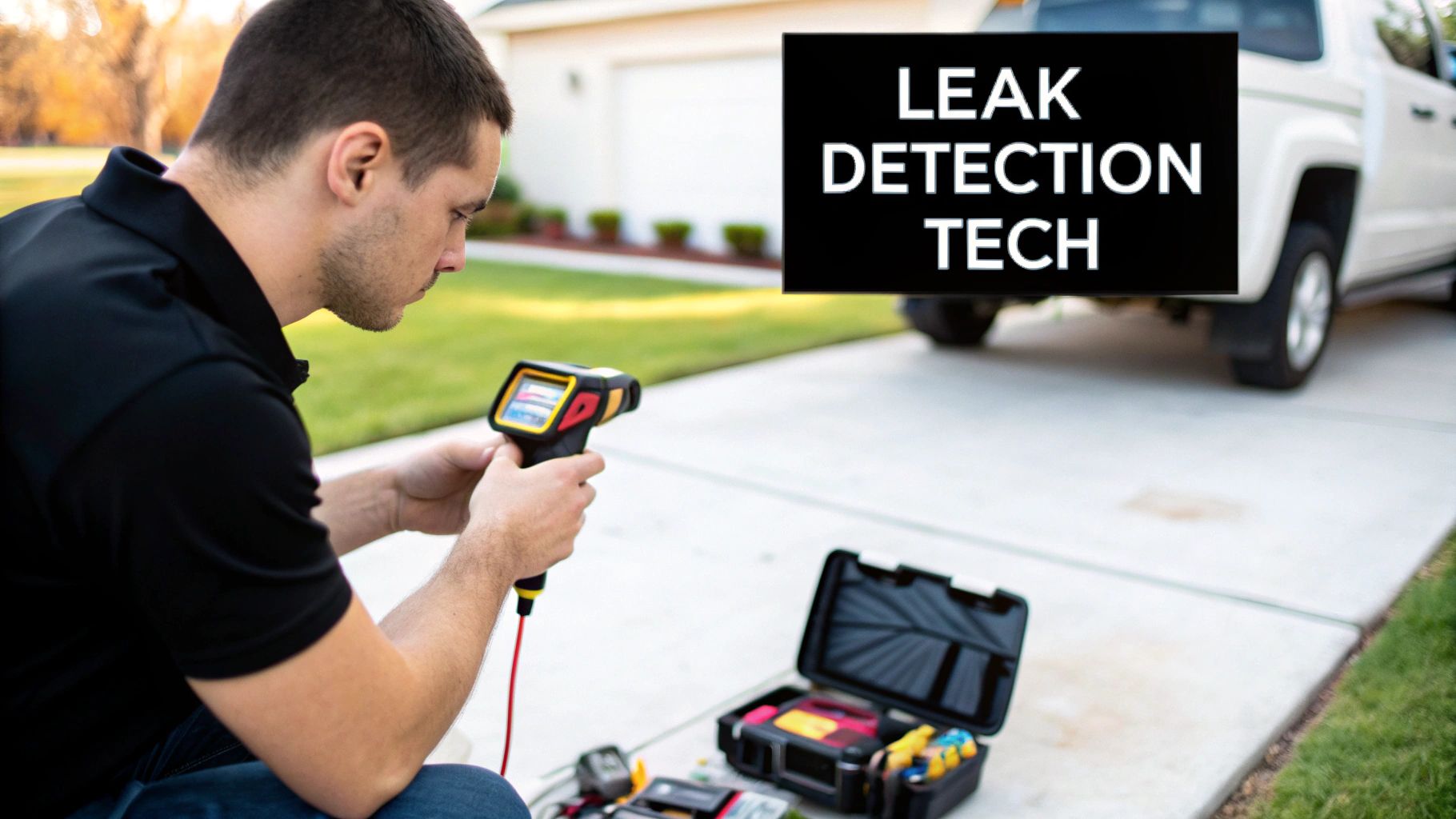 A technician uses a thermal camera to detect leaks outdoors, with a toolbox and white truck.