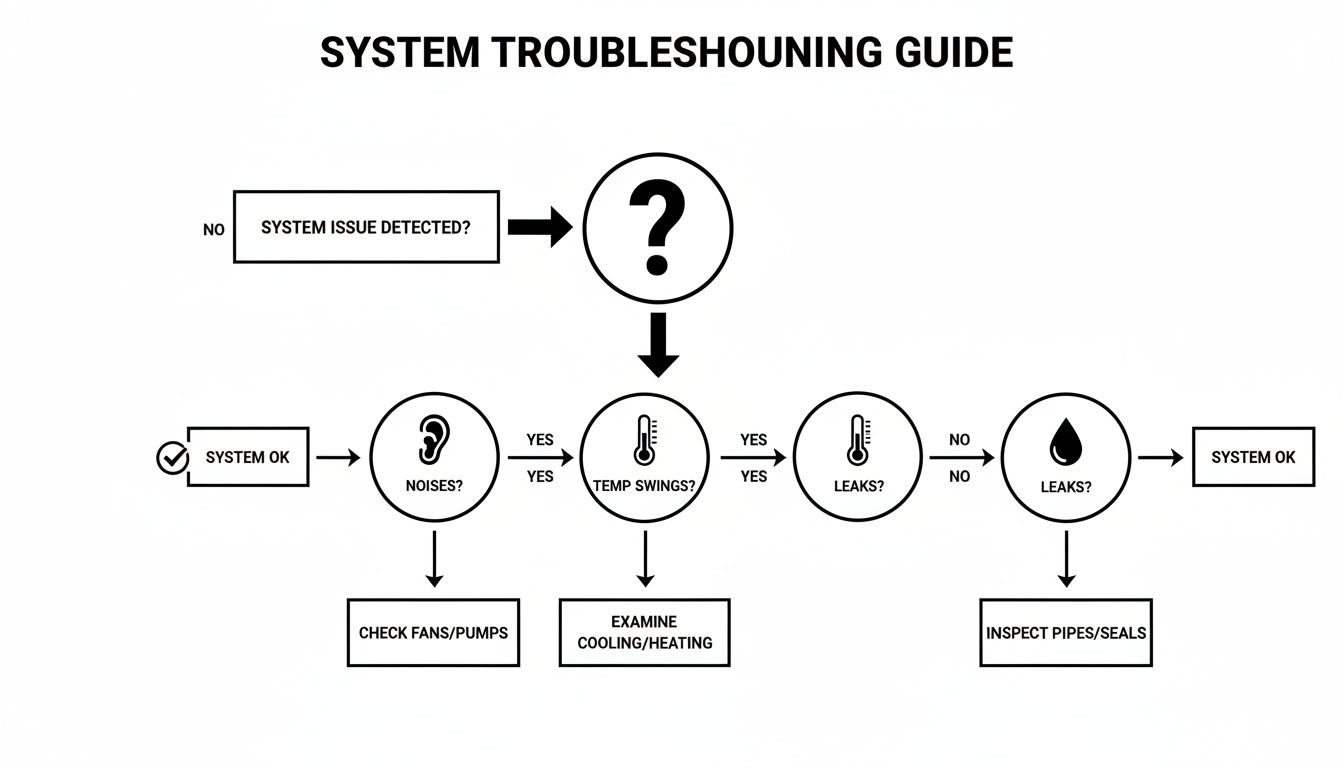 A system troubleshooting flowchart showing steps for diagnosing noises, temperature swings, and leaks.