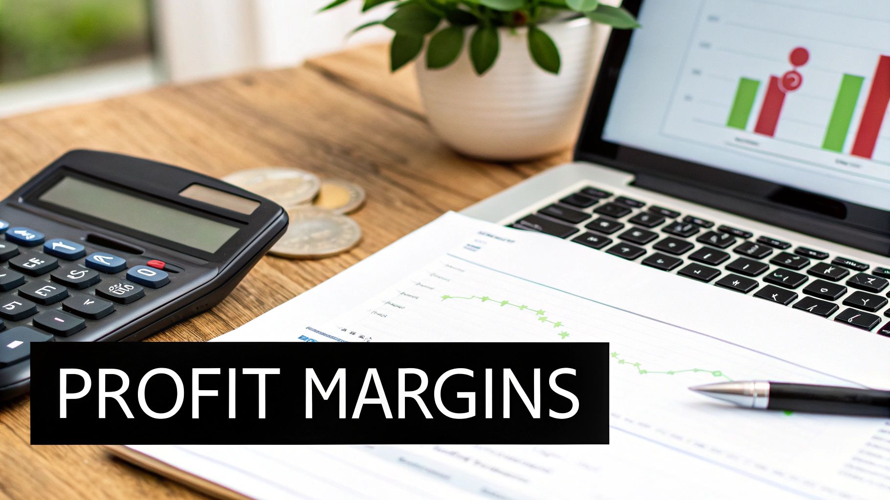 A desk setup with a calculator, laptop showing charts, and documents illustrating profit margins.
