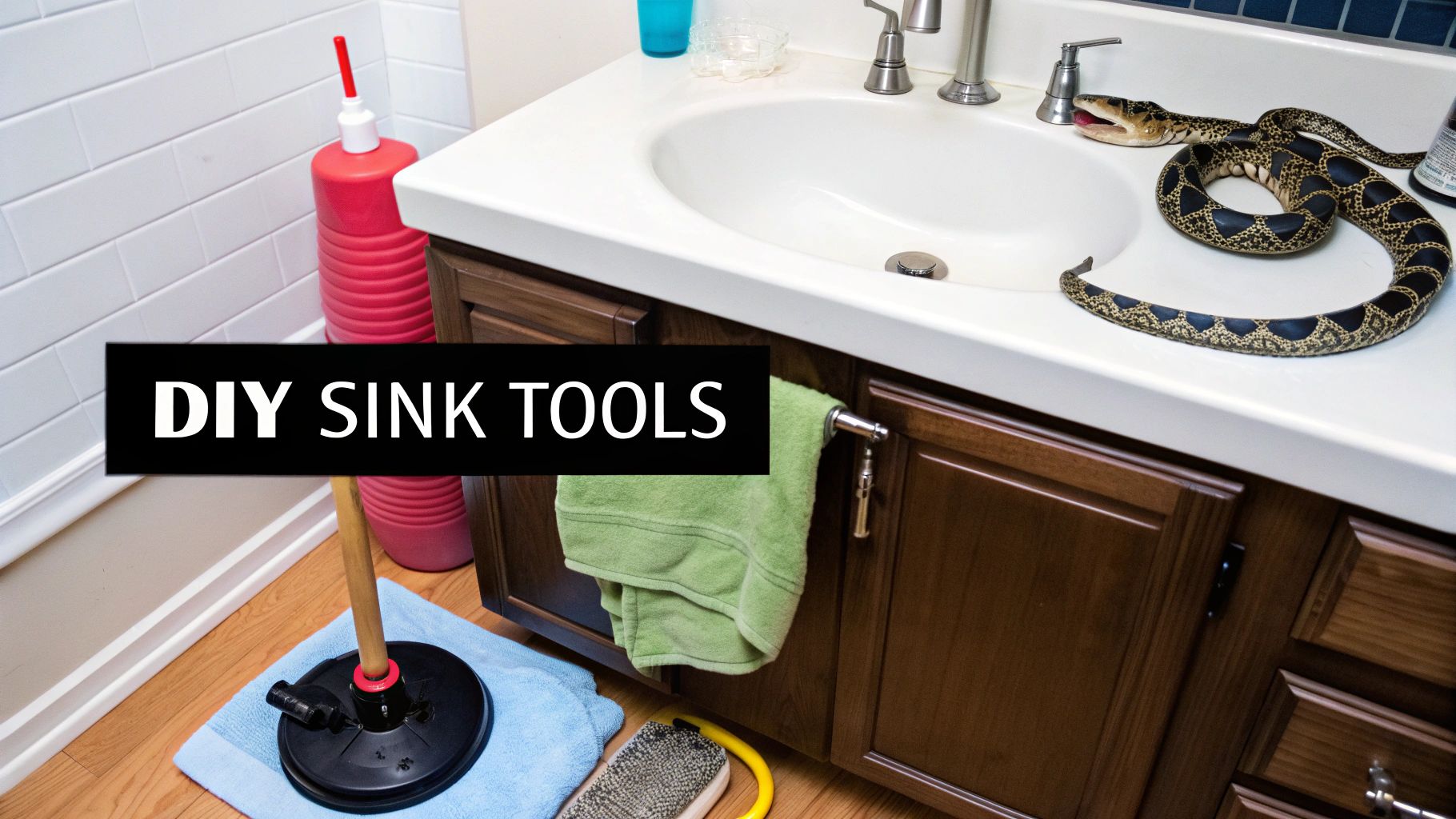 A bathroom sink counter with various plumbing tools, a snake toy, and cleaning supplies.