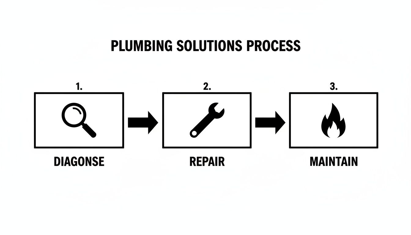 A black and white infographic illustrating the plumbing solutions process with steps: diagnose, repair, and maintain.