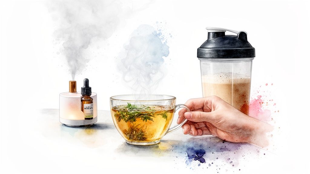 Watercolor illustration of wellness: a hand holding herbal tea, essential oil diffuser, and protein shake.