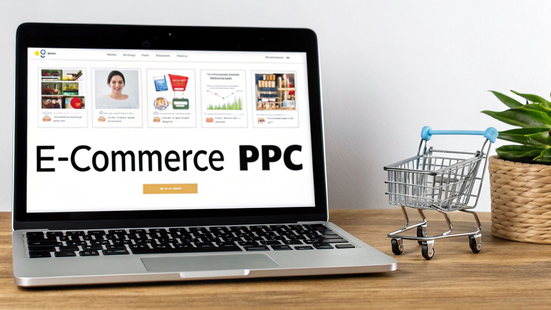 Laptop displaying 'E-Commerce PPC' on screen, with a miniature shopping cart and plant.