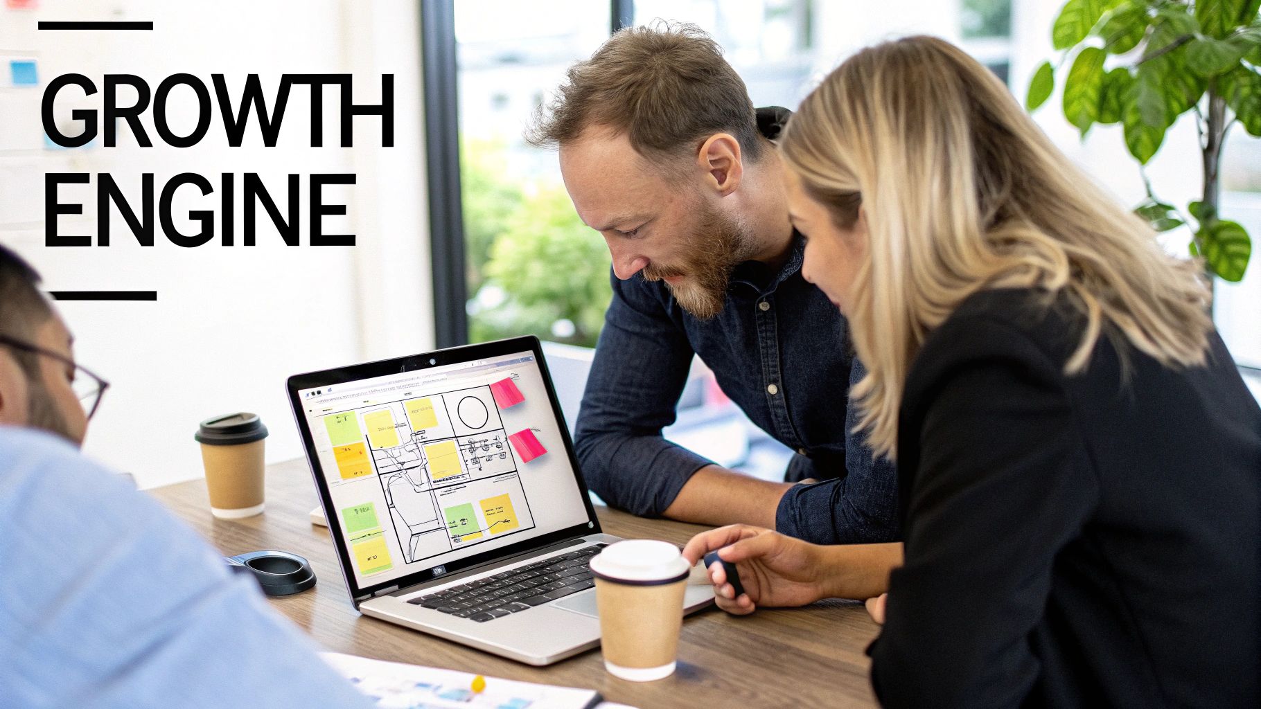 Three professionals collaborate around a laptop displaying a business plan with sticky notes, under 'GROWTH ENGINE' text.