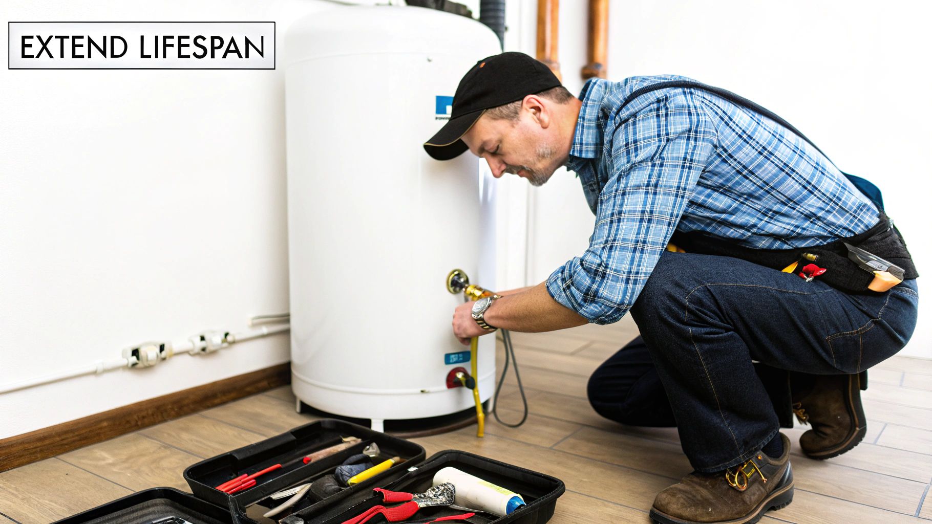 A plumber performs maintenance on a water heater, connecting a hose near an open toolbox.
