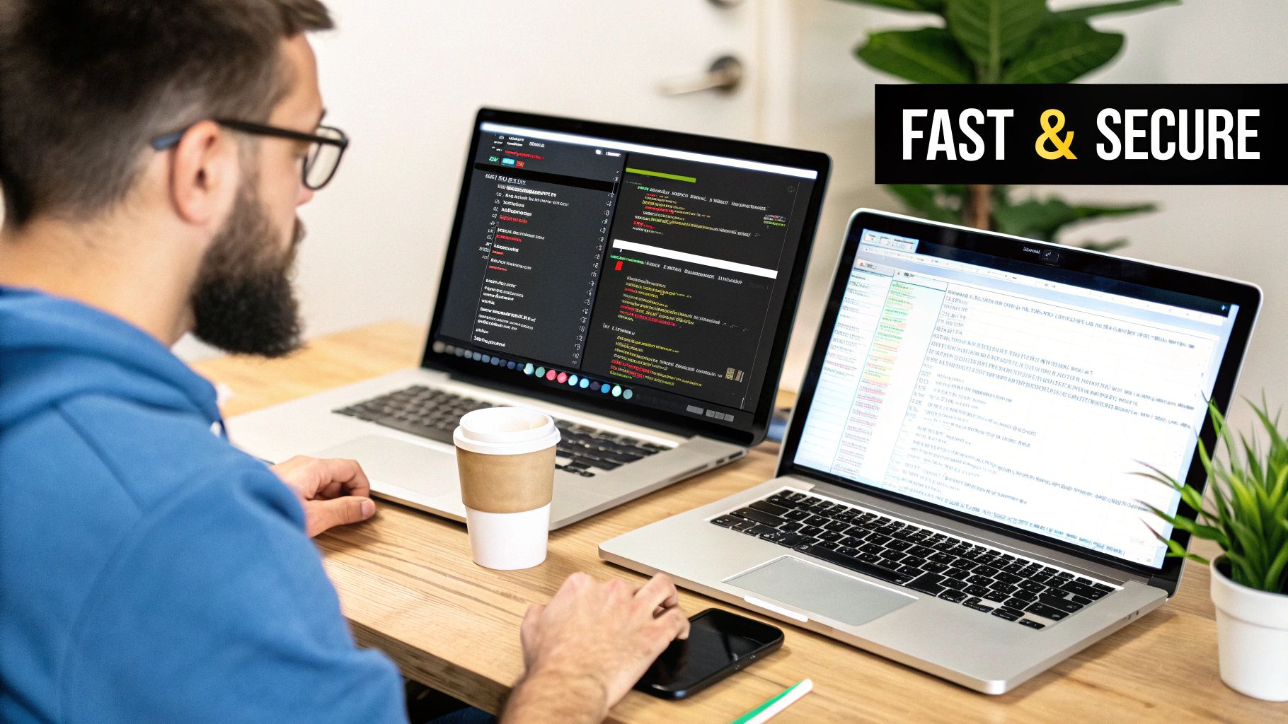 Bearded man coding on two laptops with complex code, coffee, and a smartphone on a desk.