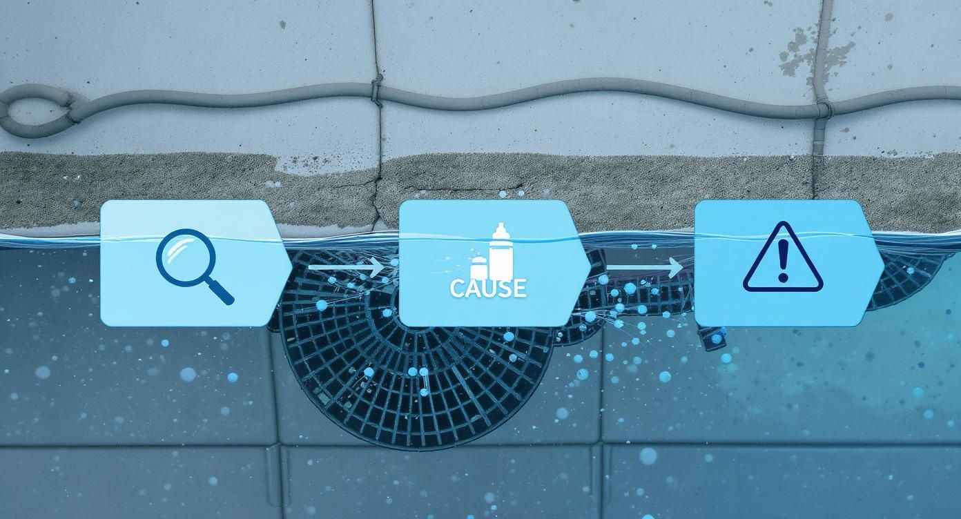 Pool drain obstruction showing search magnifying glass, baby bottle cause icon, and warning alert symbol