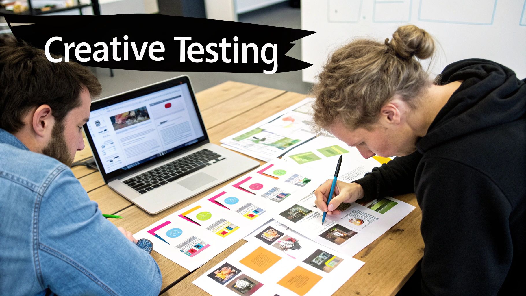 Two people reviewing design printouts and a laptop, collaborating on creative testing.
