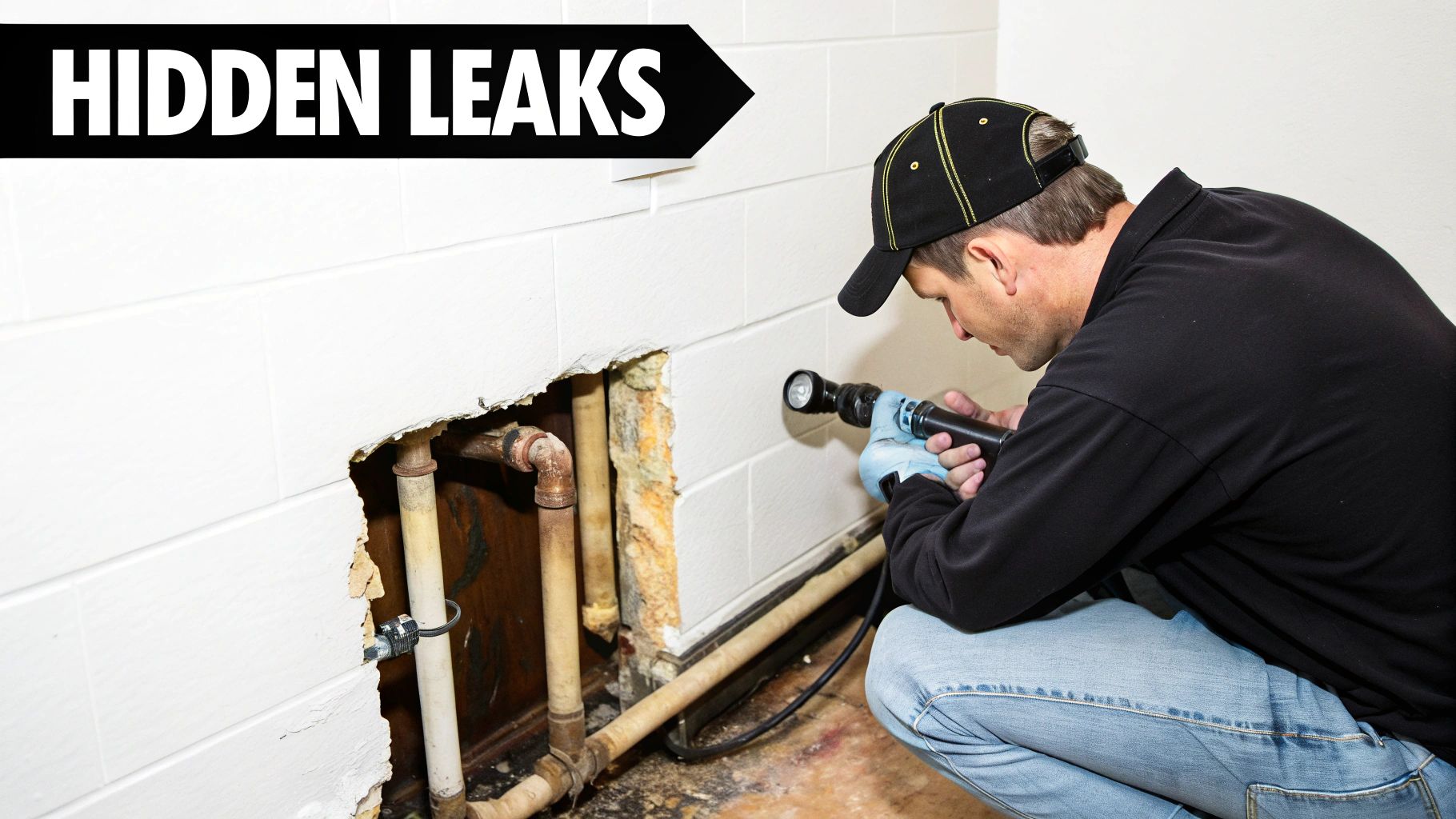 A plumber inspects hidden pipes inside a wall opening with a leak detection tool.