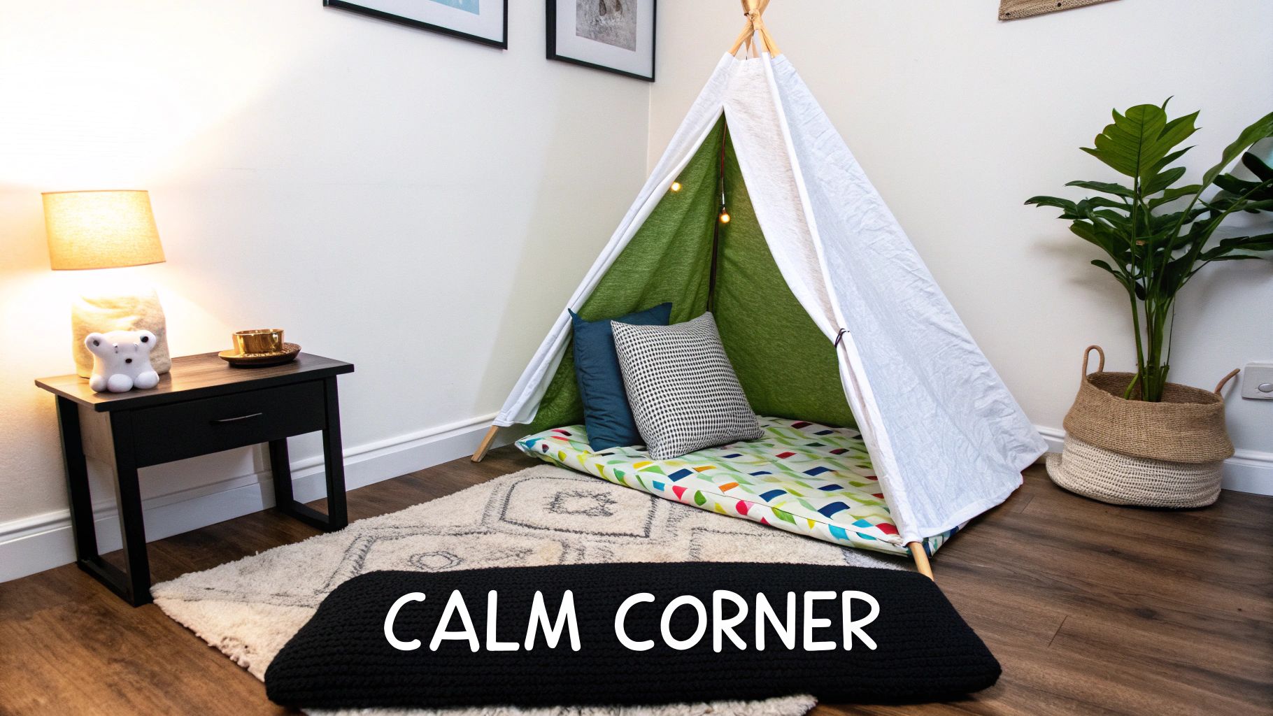 A cozy calm corner featuring a green and white teepee tent, colorful mattress, and a side table with a lamp.