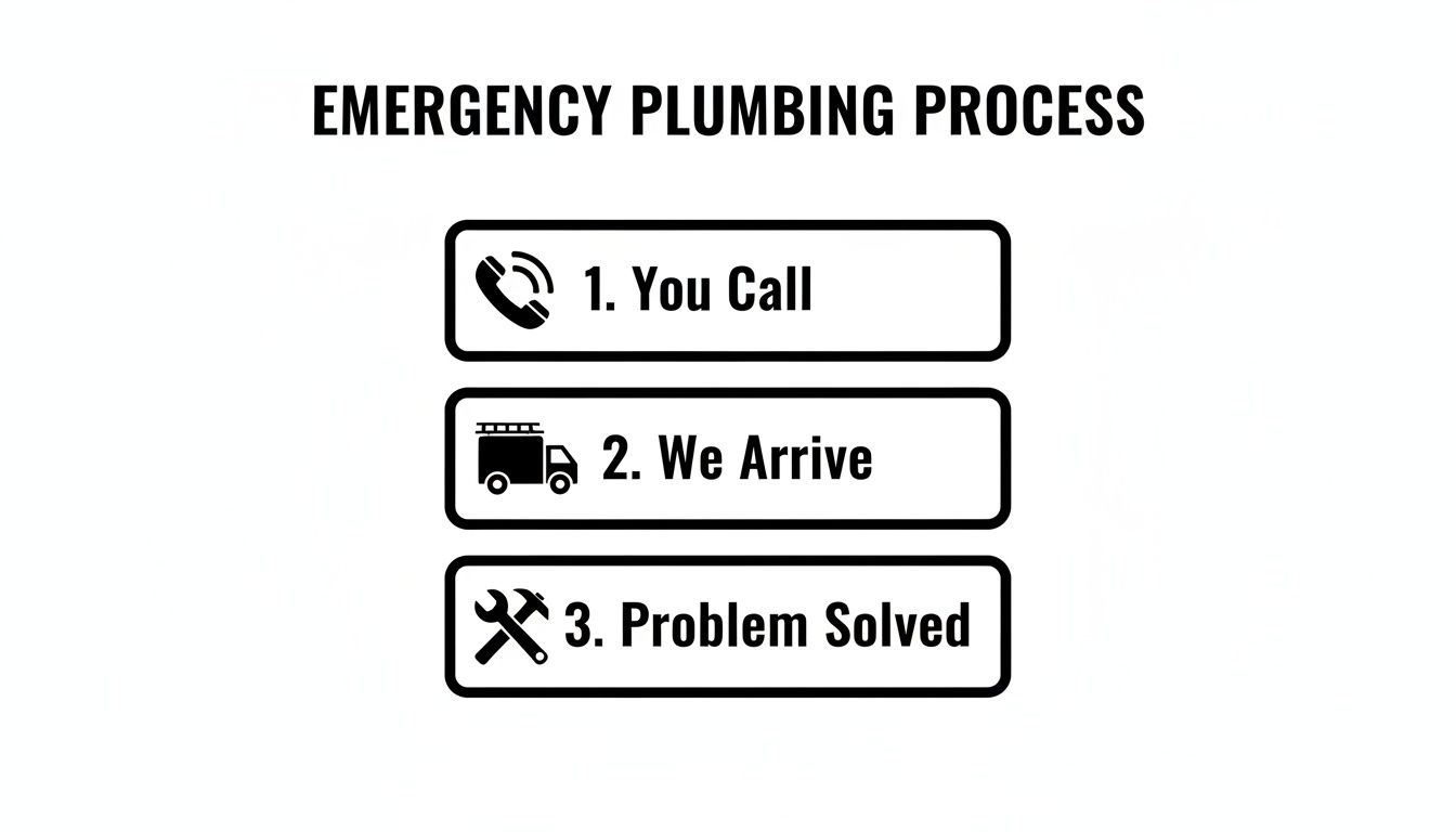 Emergency plumbing process infographic with three steps: you call, we arrive, and problem solved.