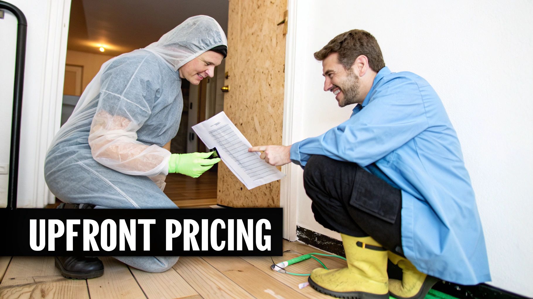 Two professionals discuss a document with pricing details, one in a protective suit, the other pointing.