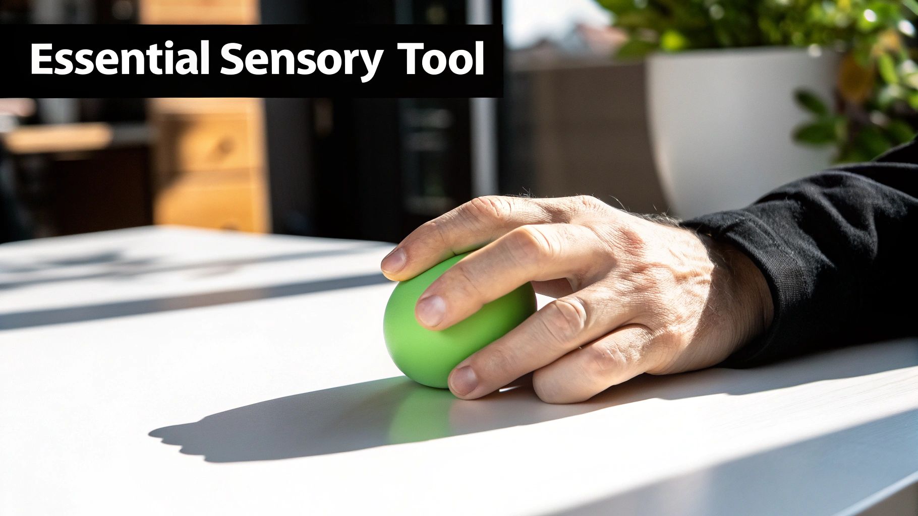Close-up of a hand holding a vibrant green sensory stress ball on a bright white table.