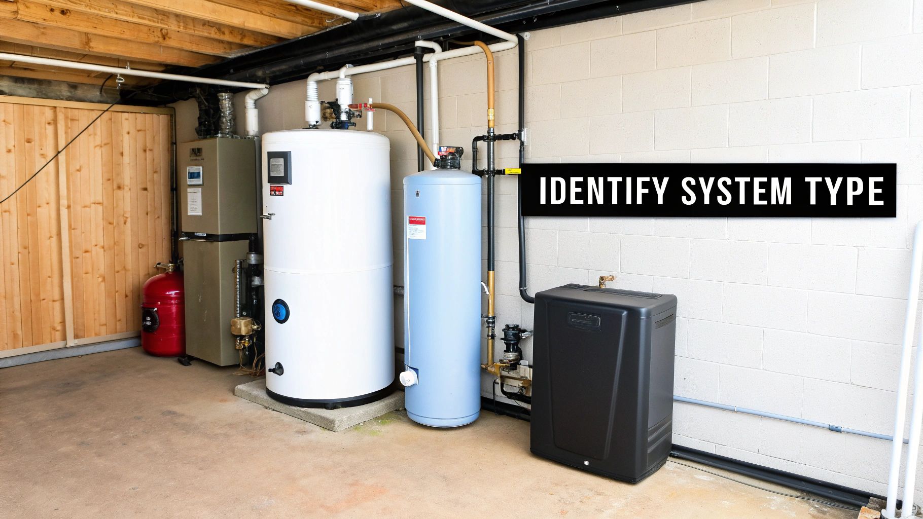Basement utility room showing a complete heating and hot water system with multiple tanks and a furnace.