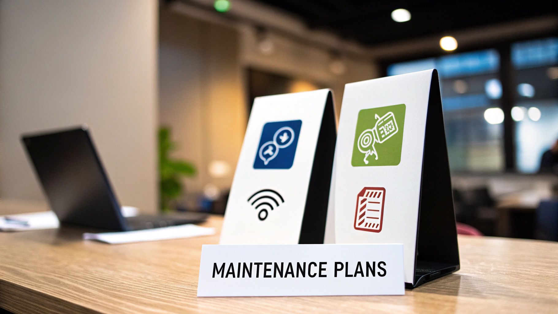 A desk with two displays featuring business icons, a laptop, and a 'MAINTENANCE PLANS' sign.