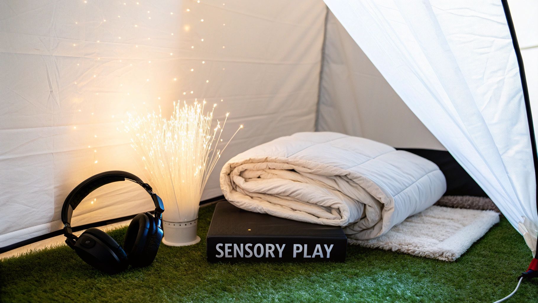 A serene sensory play space inside a tent with a glowing fiber optic lamp, headphones, and a cozy blanket on artificial grass.