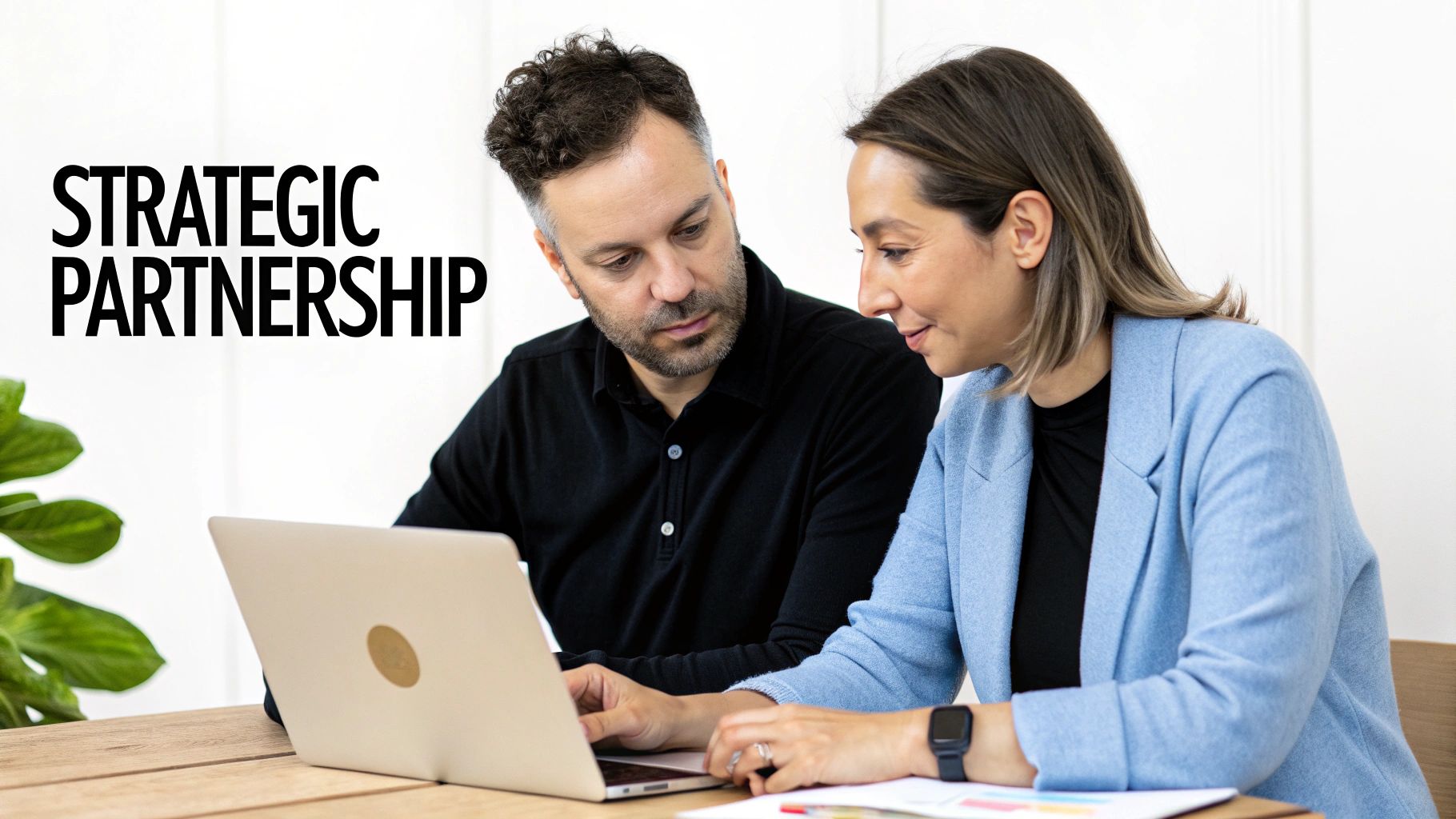 Two business professionals collaborating on a laptop, emphasizing strategic partnership and teamwork.