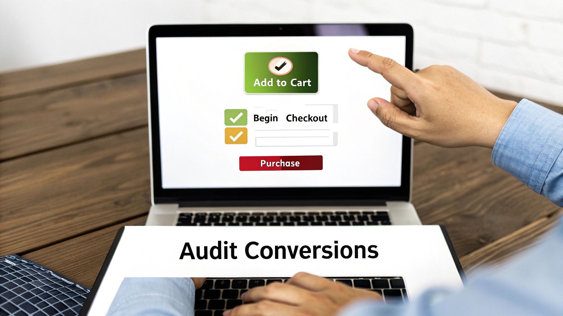 A person audits online conversions, pointing at a laptop screen showing an e-commerce checkout process.