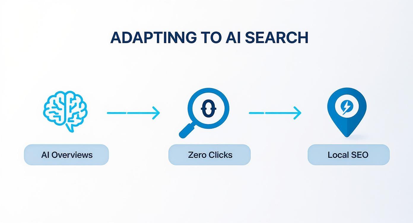 Flowchart showing how to adapt to AI search, moving from AI Overviews to Zero Clicks and Local SEO.