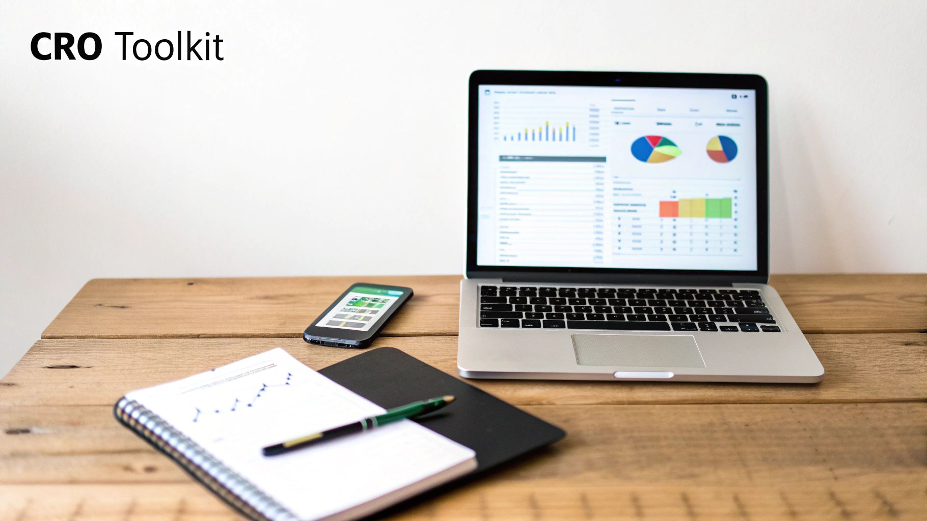 Laptop displaying CRO charts, smartphone, notebook, and pen on a wooden desk with 'CRO Toolkit' text.