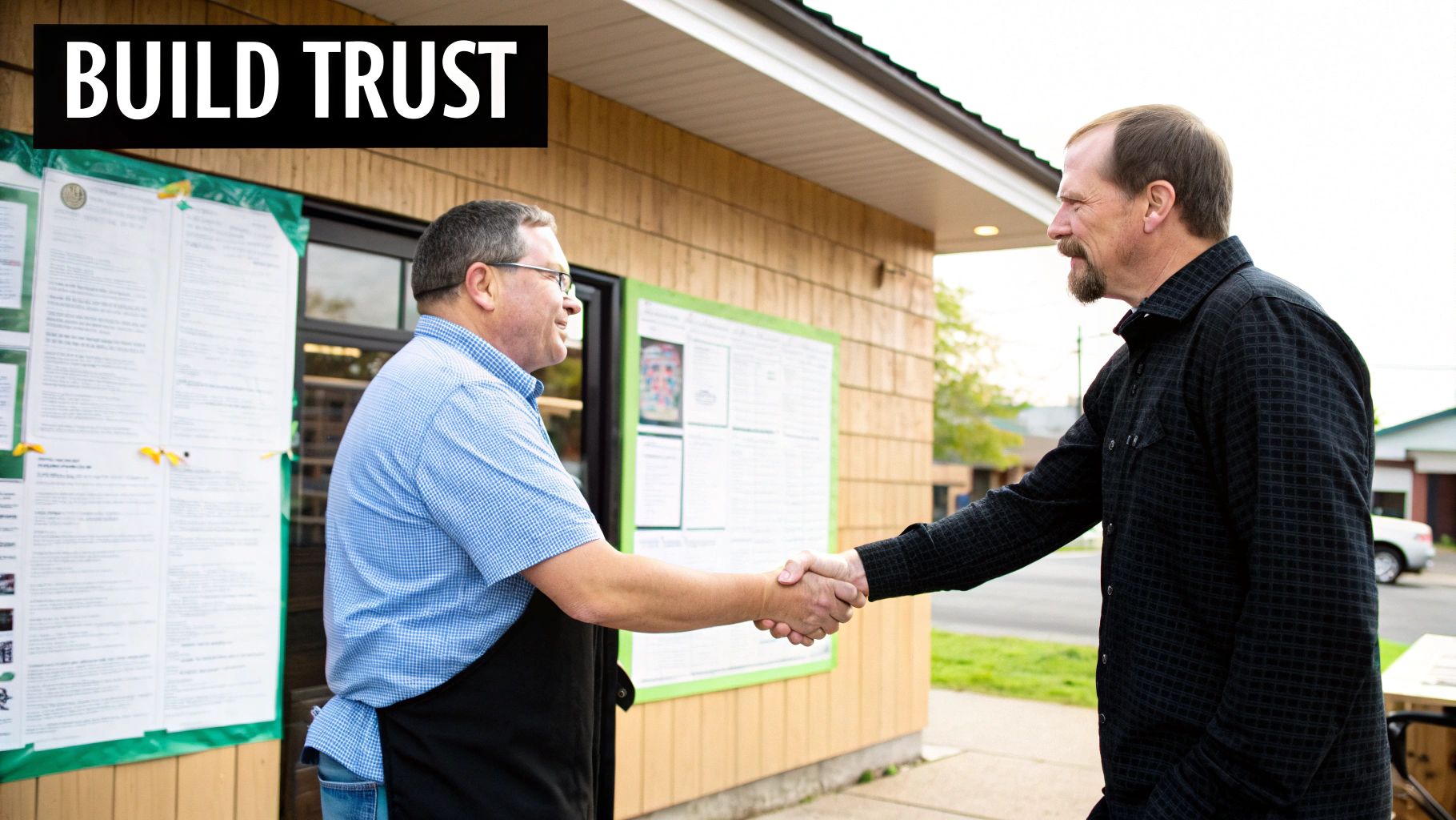Two smiling men shaking hands in front of a small business, building trust and rapport.