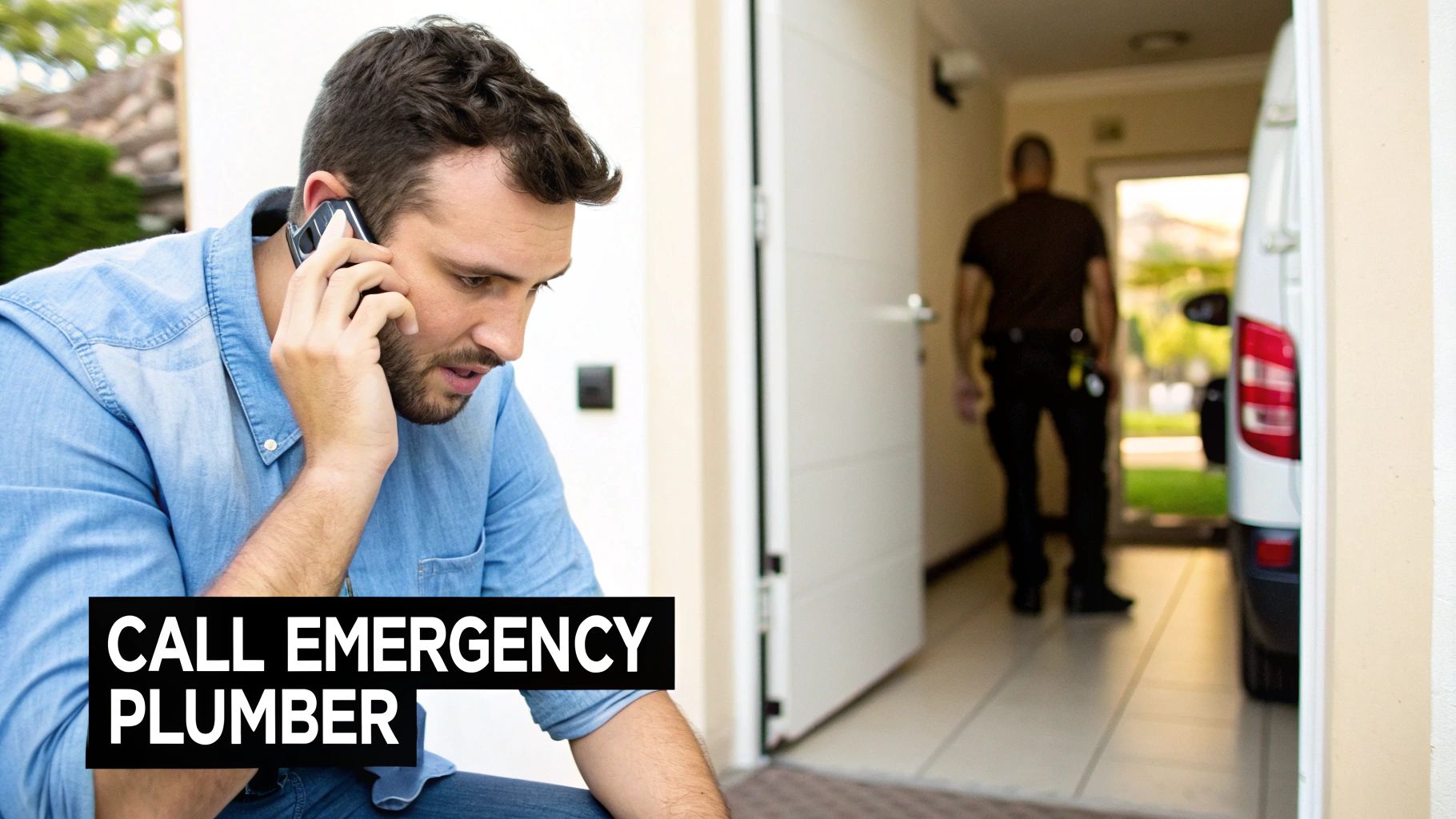 A man on the phone, looking worried, calls an emergency plumber who arrives in a van.