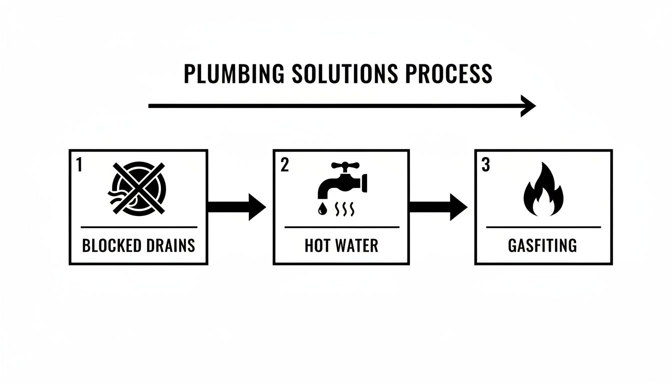 A plumbing solutions process diagram showing steps for blocked drains, hot water, and gasfitting services.