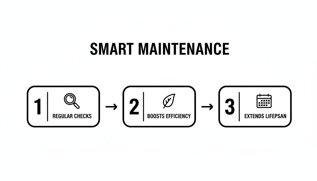 Diagram illustrating smart maintenance: regular checks, boosts efficiency, and extends lifespan.