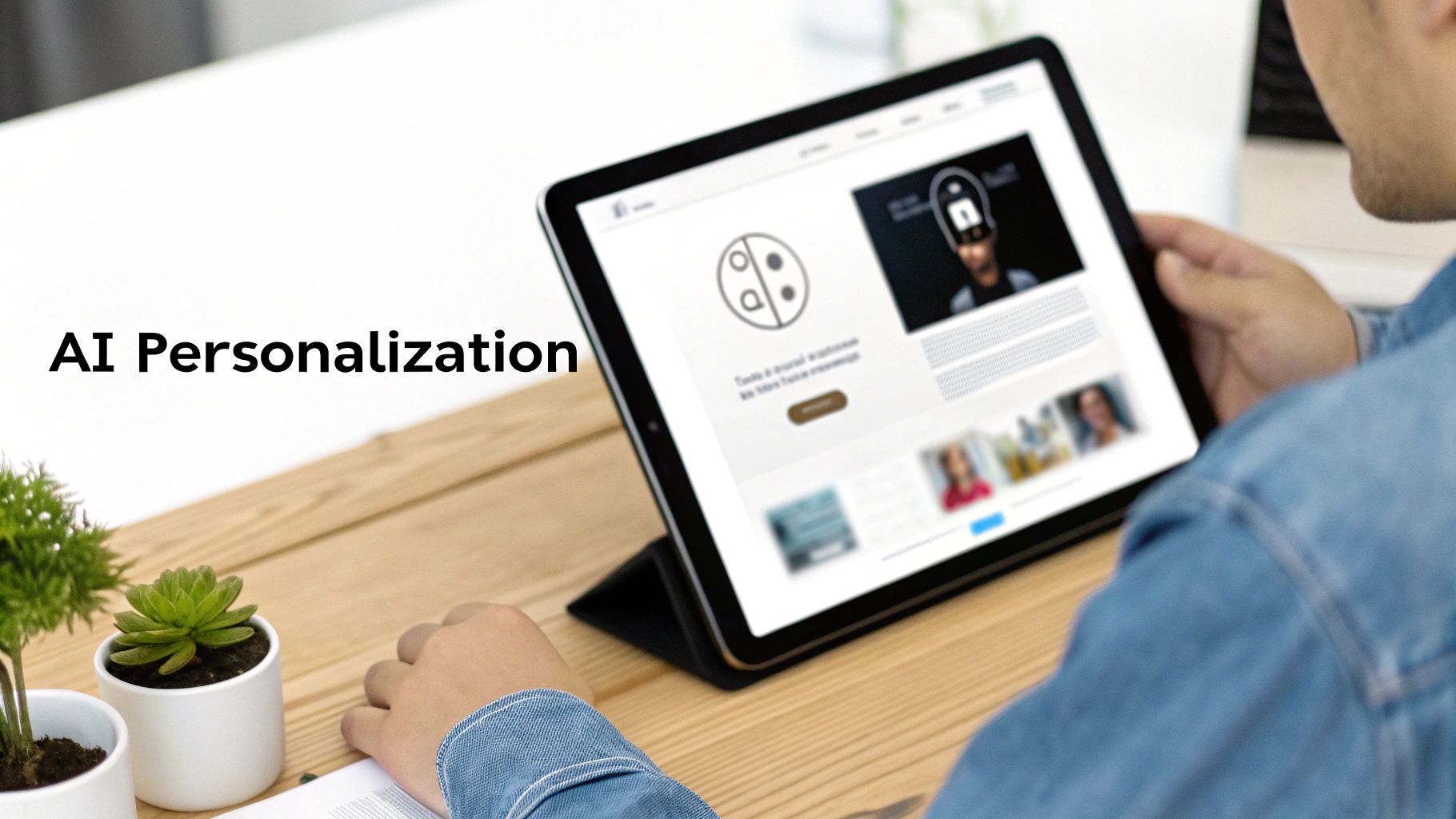 Man views a tablet displaying a website with AI personalization features and relevant content.