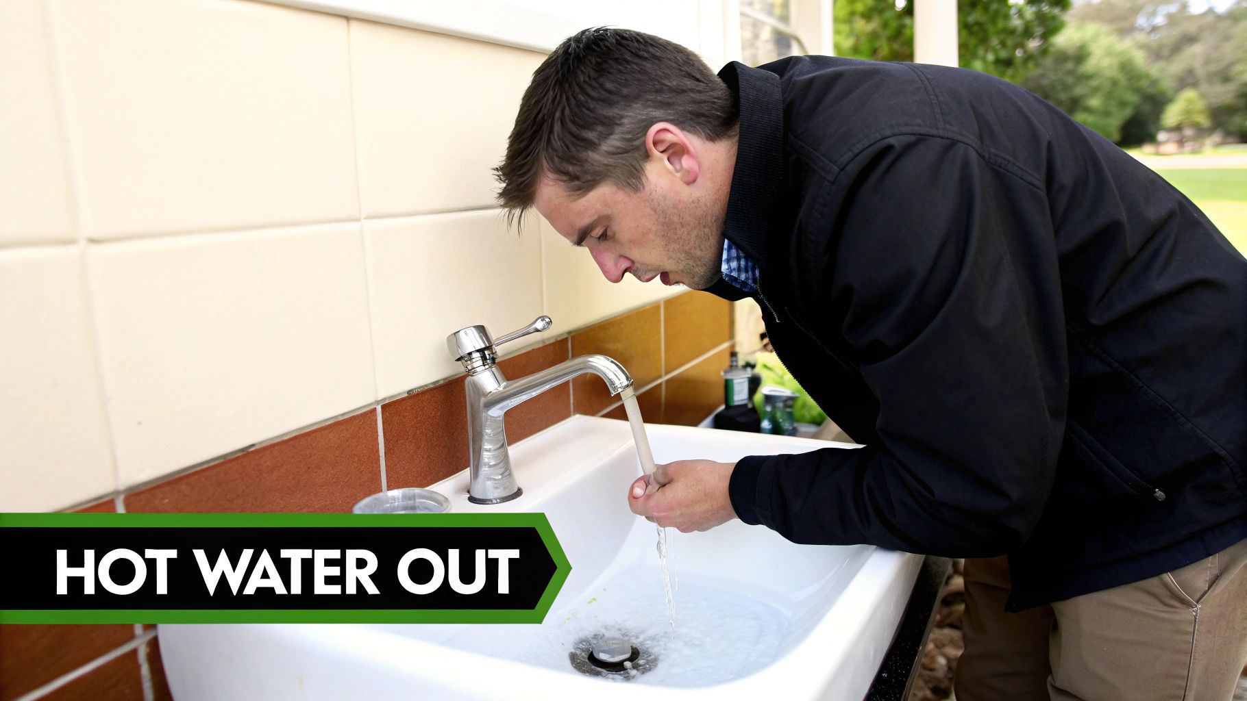 A man tests running water from a faucet in an outdoor sink, with 'HOT WATER OUT' text.