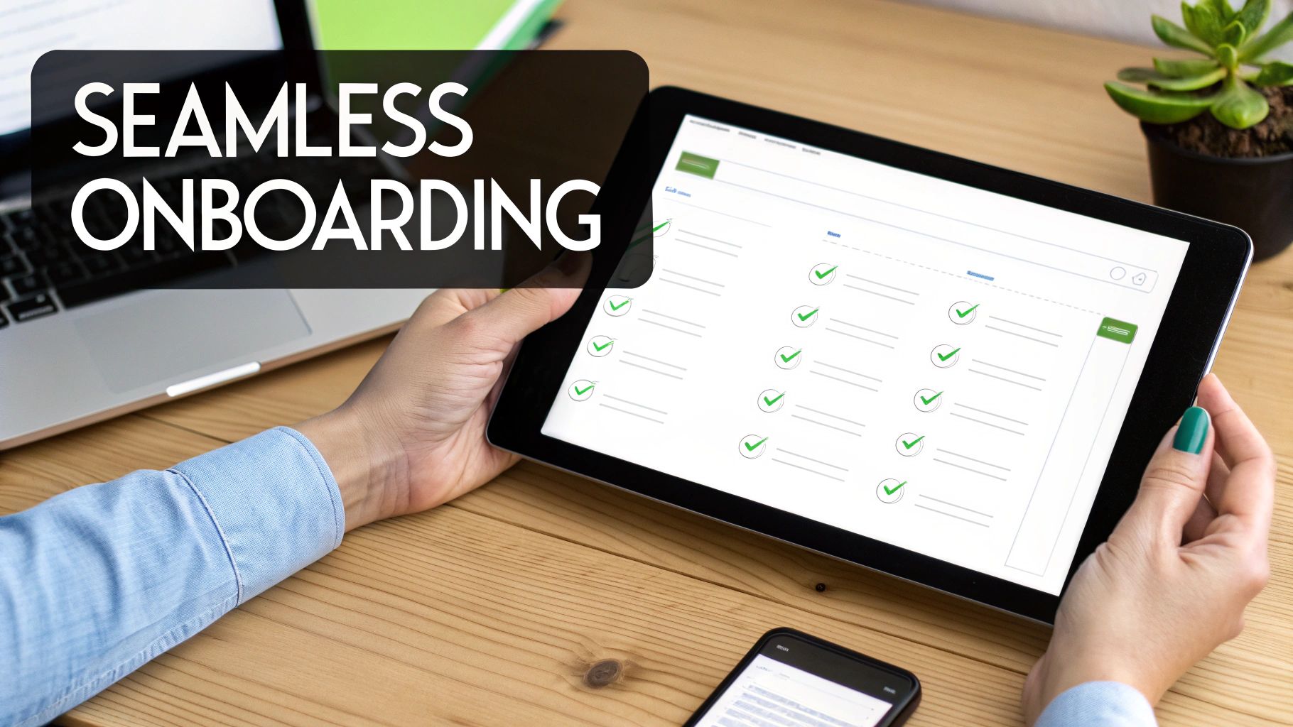 Person holding a tablet displaying a digital checklist, symbolizing seamless onboarding, on a wooden desk.
