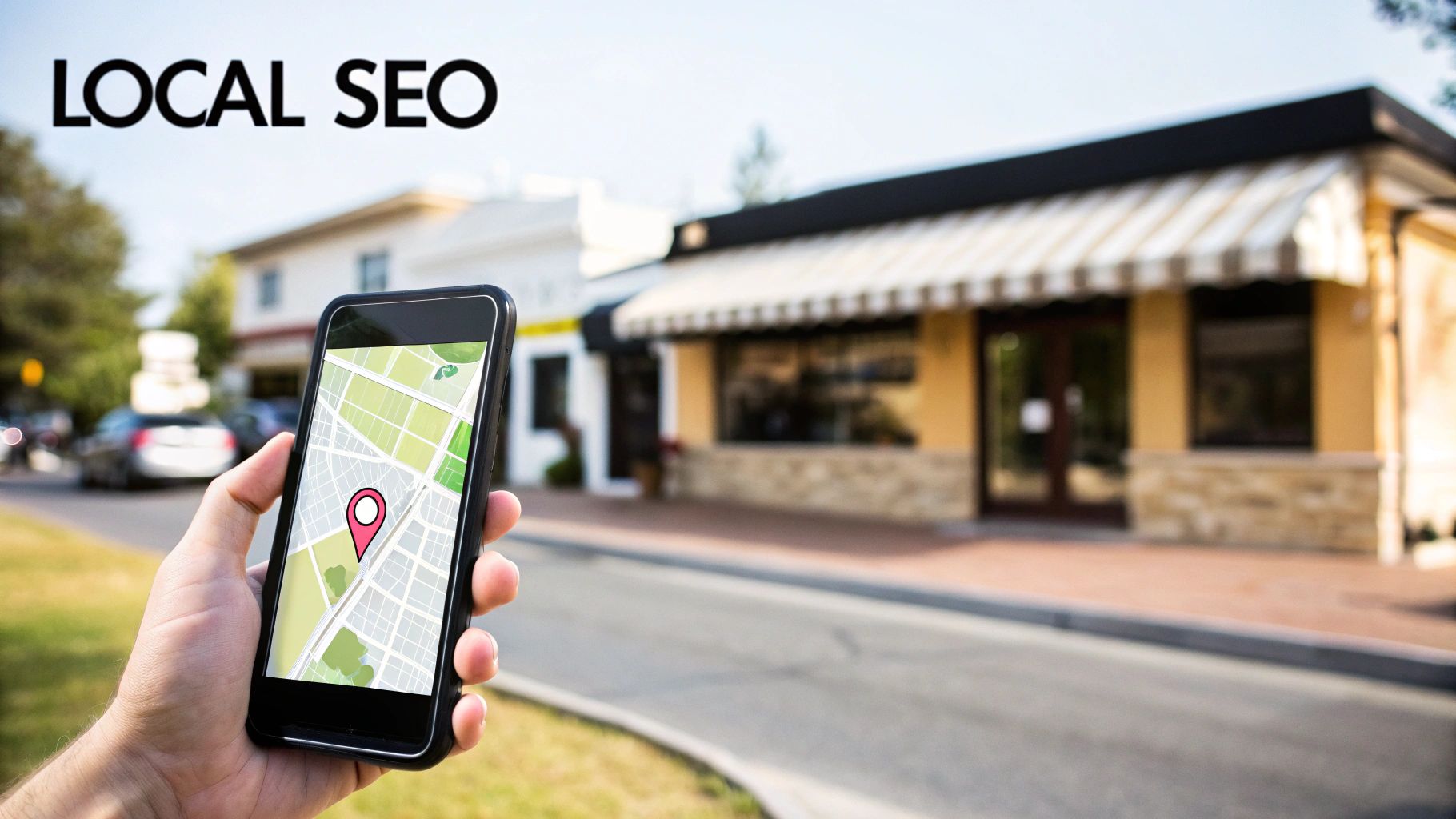 Hand holding a smartphone displaying a map with a location pin for effective local SEO.