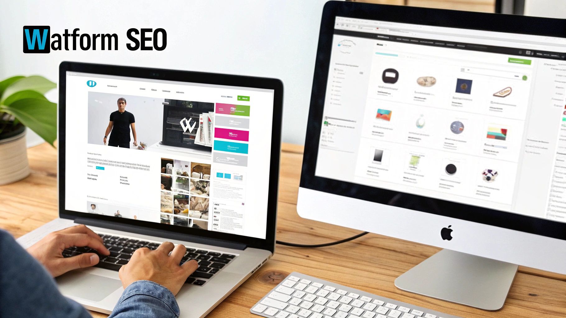 User working on a laptop and iMac displaying e-commerce content, optimizing for Watform SEO.