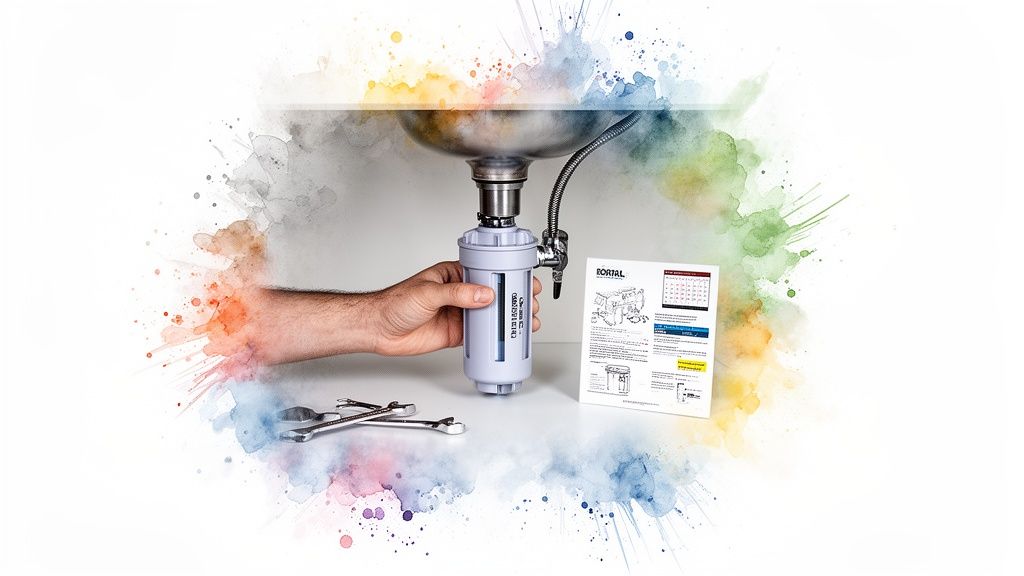 A person's hand installing a BORTAL water filter under a kitchen sink, with tools and instructions.