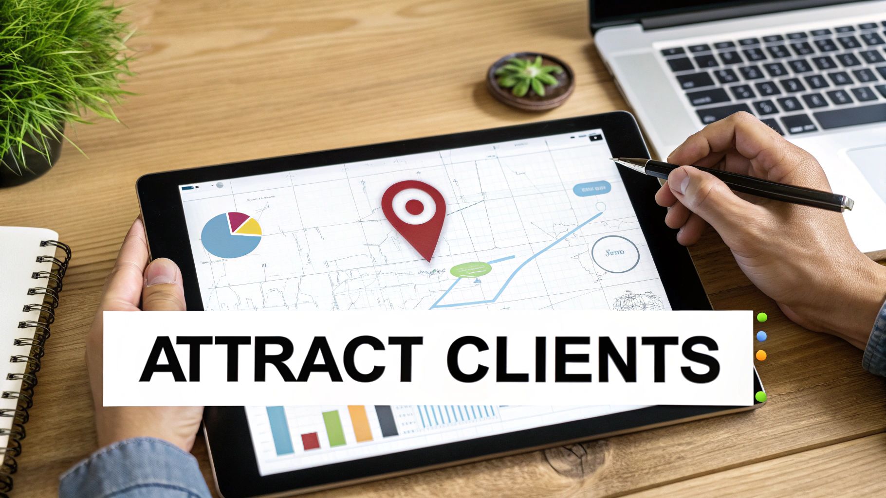 A person's hands holding a tablet displaying a map with a red location pin, charts, and graphs. Text overlay: ATTRACT CLIENTS.