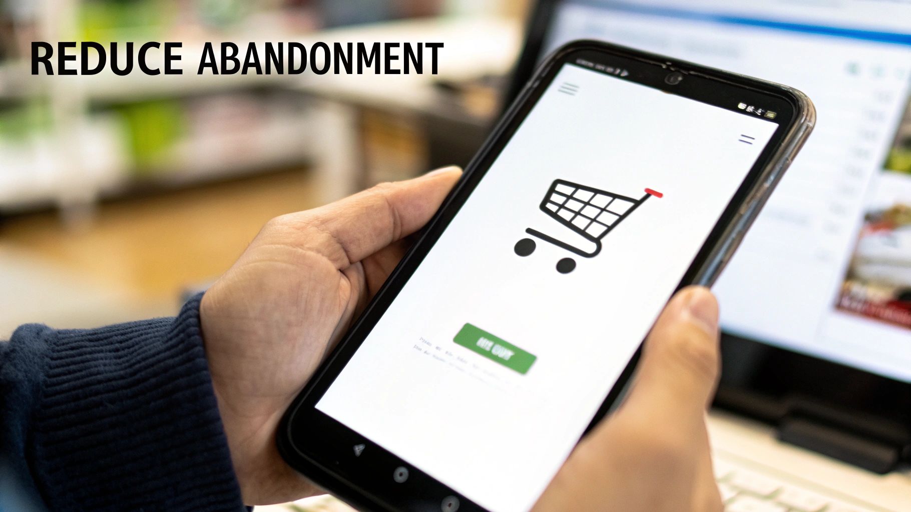 Person holding a smartphone displaying an e-commerce app with a shopping cart and 'BUY NOW' button, focused on reducing abandonment.