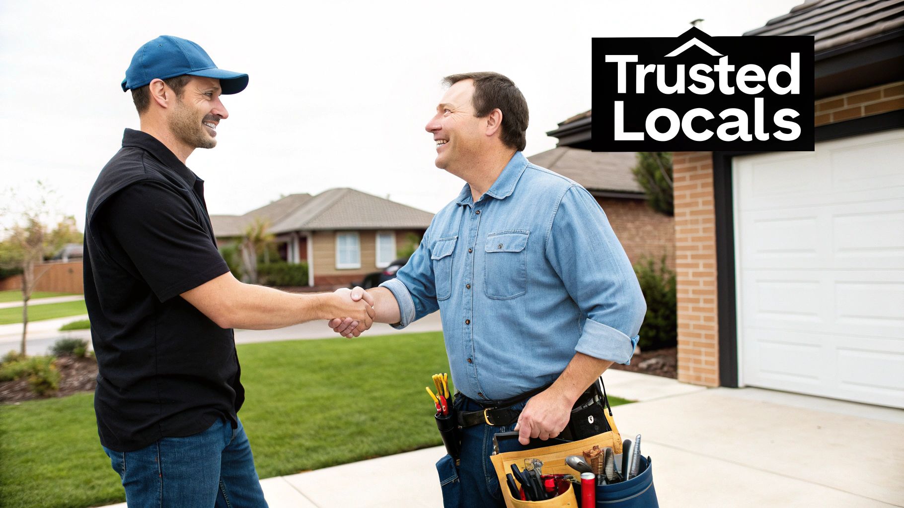 A smiling homeowner shakes hands with a plumber carrying a tool belt outside a house.