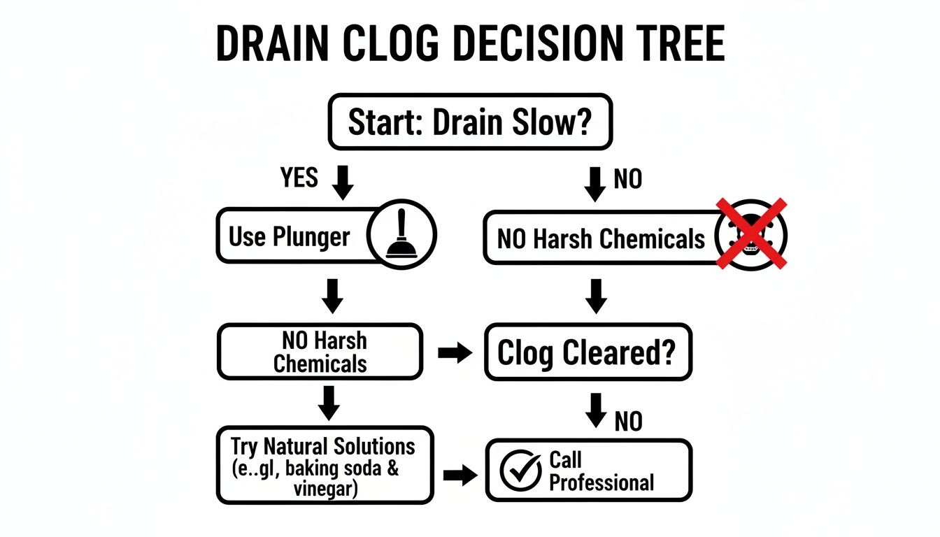 A drain clog decision tree flowchart showing steps for clearing a slow drain: plunger, natural solutions, and professional help.