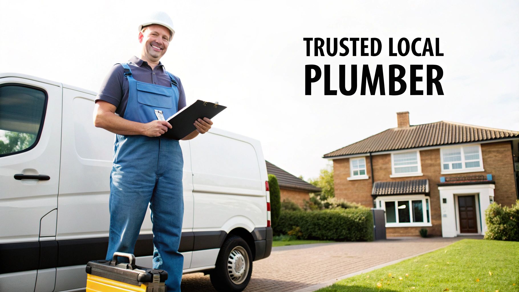 Smiling plumber in uniform holding a clipboard next to a white van and house.