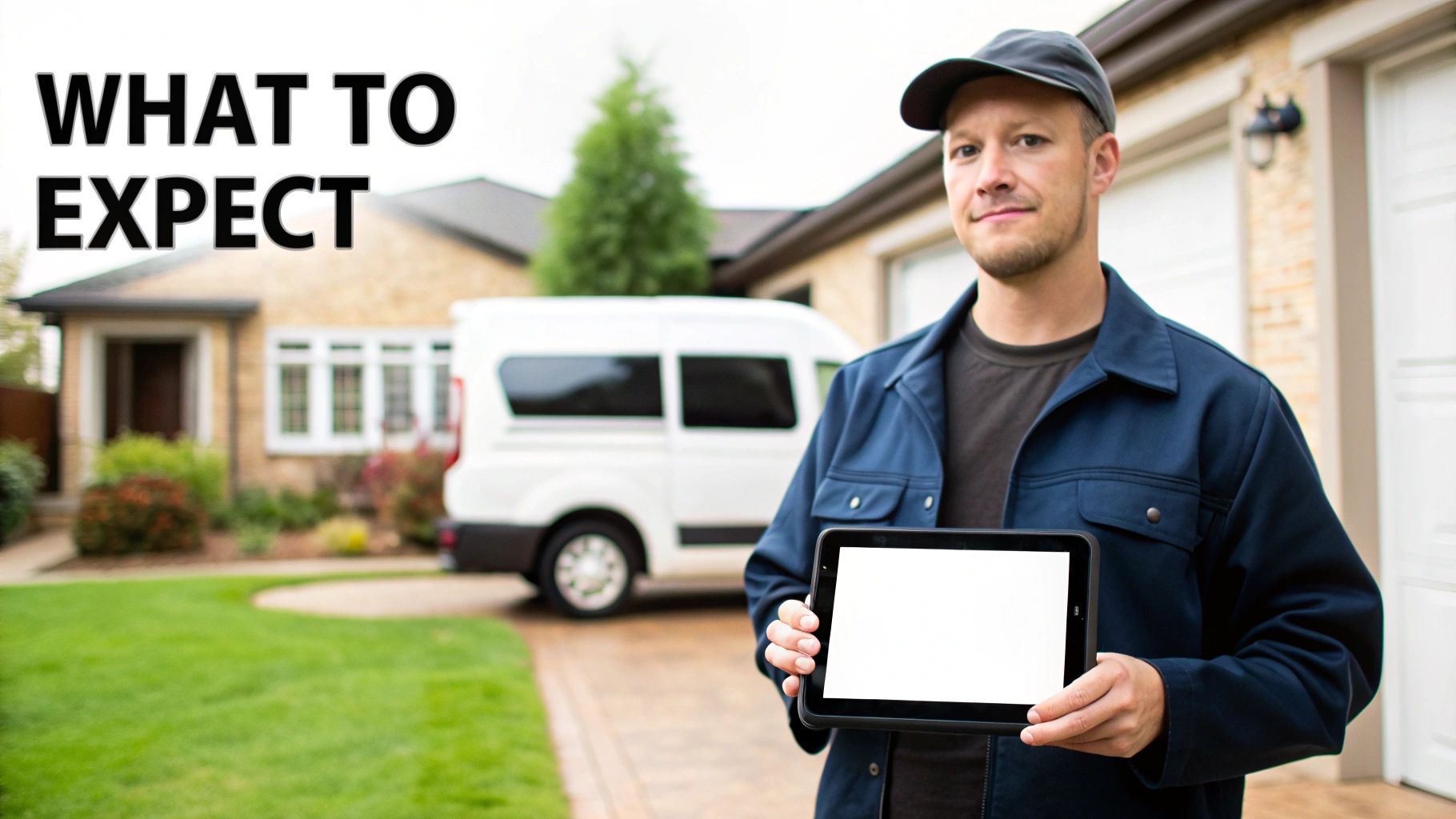 A service technician in a uniform holds a blank tablet in front of a house and a white van.