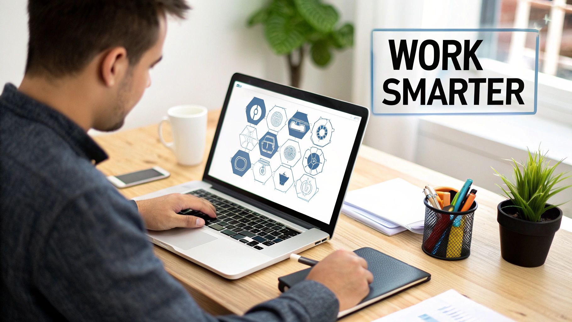 Man working on a laptop with hexagonal icons and a 'WORK SMARTER' sign, symbolizing efficiency.