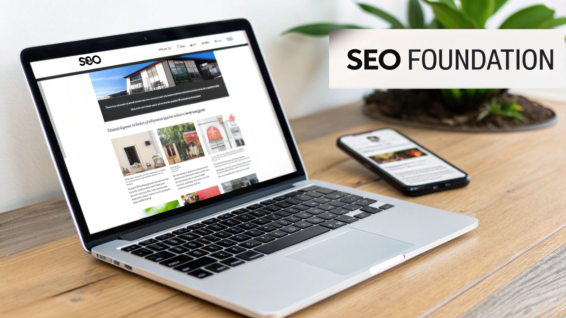 A laptop and smartphone displaying a website with 'SEO' branding and an 'SEO FOUNDATION' banner on a wooden desk.