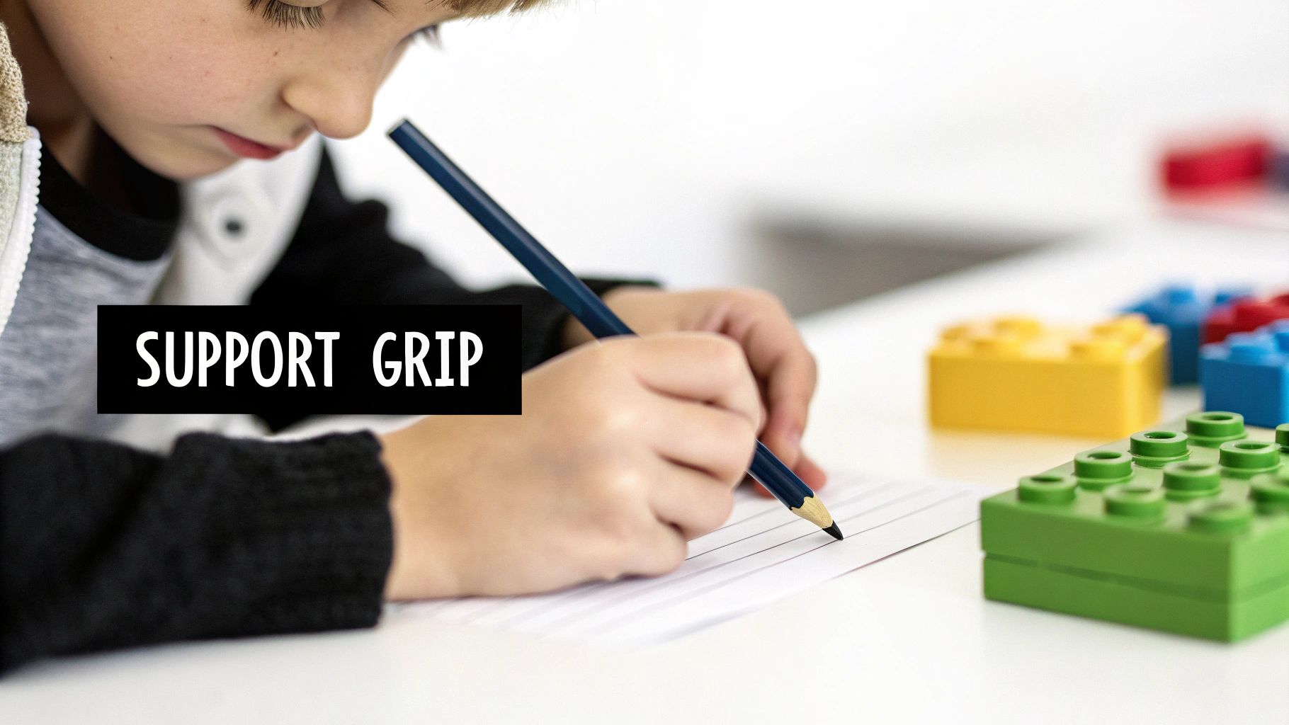 A young child writes with a blue pencil, demonstrating a support grip, surrounded by colorful Lego bricks.