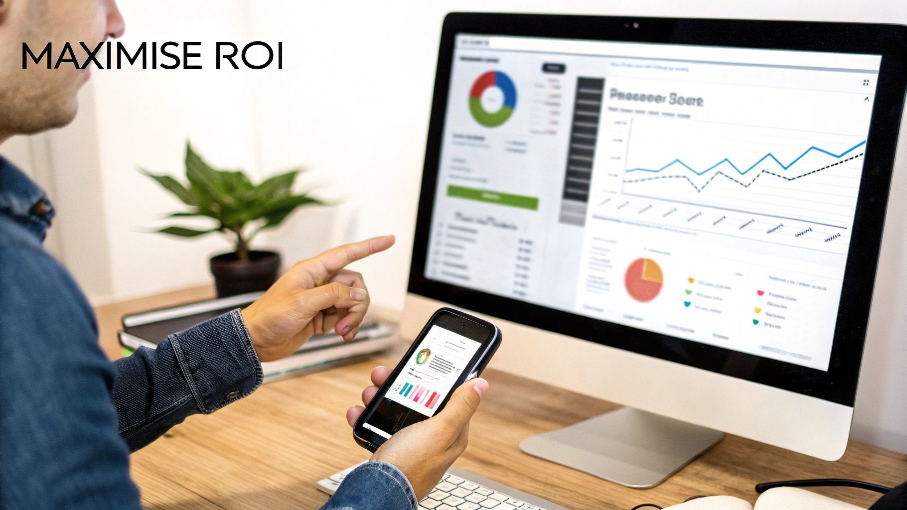 Man analyzing business data on a desktop monitor and smartphone, aiming to maximise ROI.