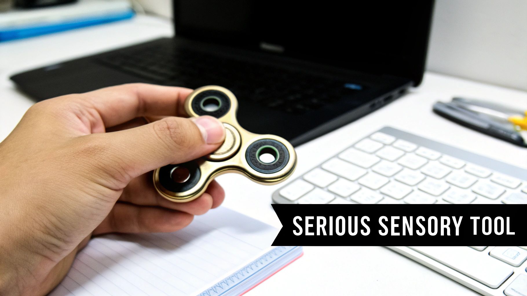 A hand holds a gold metal fidget spinner over a desk with a laptop and keyboard.