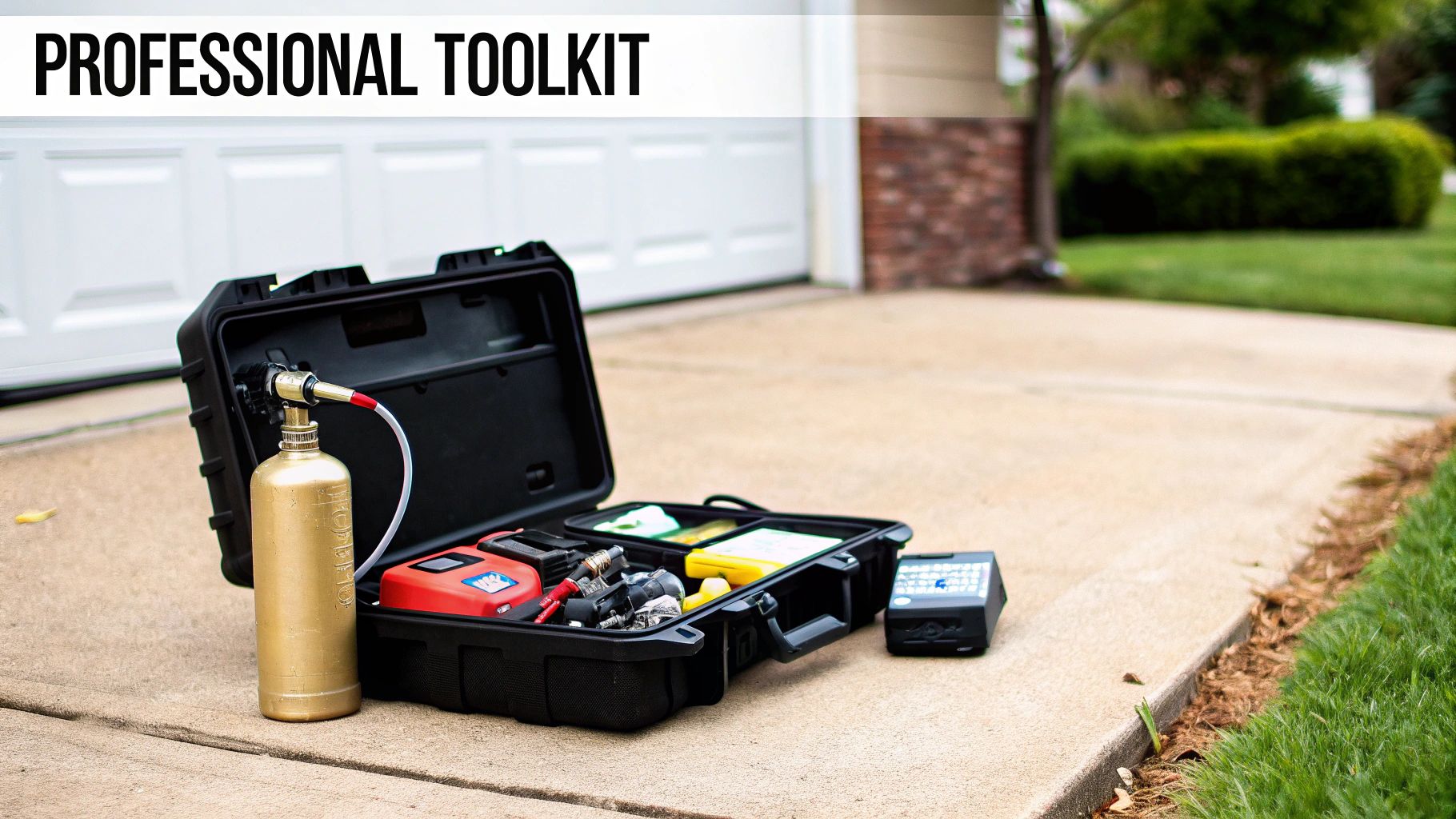 An open professional toolkit with a golden gas cylinder and leak detection tools on a concrete driveway.