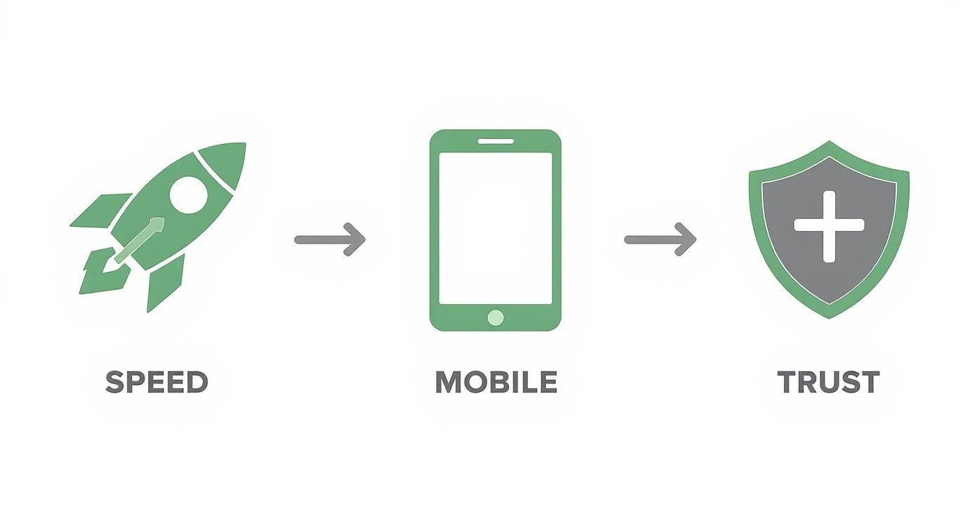 A graphic flow from speed (rocket) to mobile (smartphone) to trust (shield with plus sign).