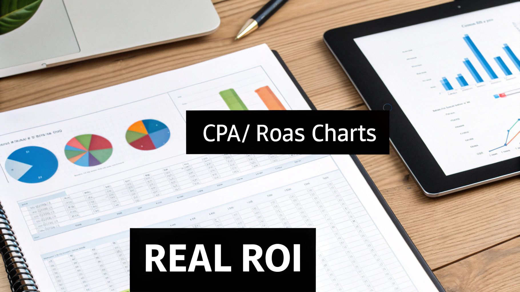 Documents with pie charts, bar charts on a tablet, and text overlays 'CPA/ Roas Charts' and 'REAL ROI' on a wooden desk.