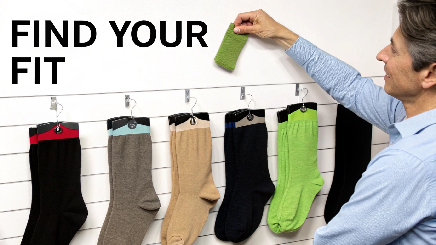 A man organizing a wall display of colorful socks, with text 'FIND YOUR FIT' visible.